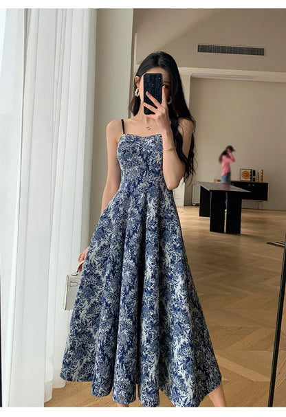 vmtvr  -  Elegant Women Fashion New Floral Casual Midi Dress Spaghetti Strap Slim A-Line Maxi Vestidos Female Chic Vintage Mujers Robe