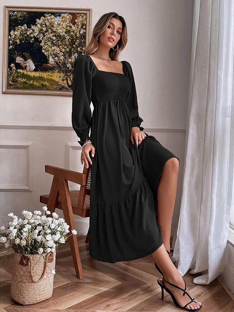 Women Fashion Panelled Midi Dress Vintage Square Neck Long Puff Sleeve A Line Female Dresses Vestidos Mujer