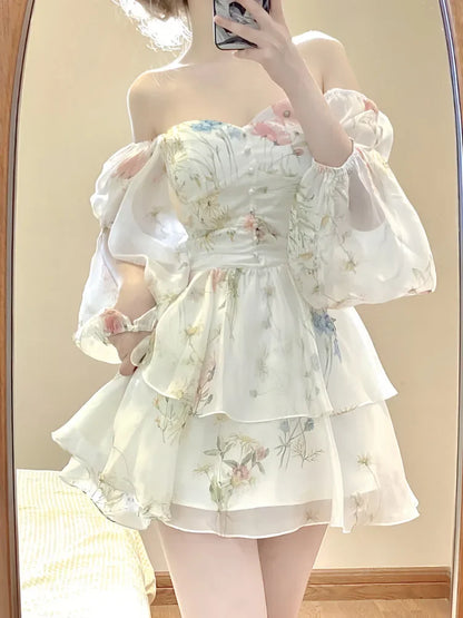 French Elegant Floral Mini Dress Chiffon Long Sleeve Evening Party Dress Women Holiday Beach Boho Fairy Dress Korean 2024 Robes