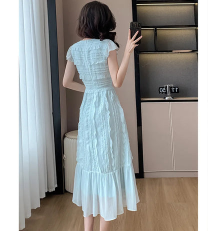 2024 New Summer Blue Chiffon Holiday Dress Fashion Sweet Women O Neck Short Sleeve Ruffles Fold Slim Waist Party Midi Clothes