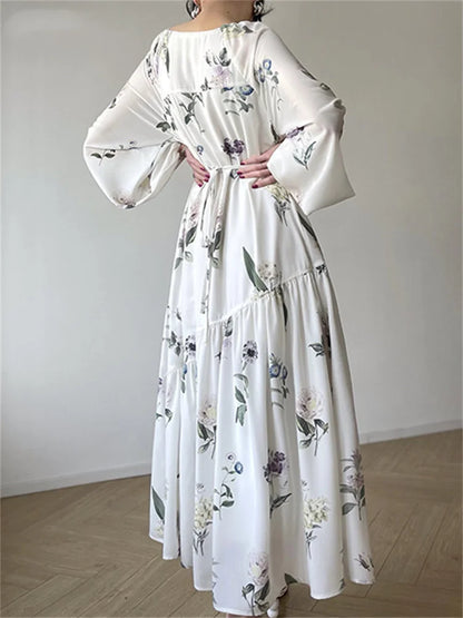 vmtvr  -  Holiday Midi Dresses for Women Summer French Fashion Print O Neck Lantern Sleeve Female Clothes Elegant Loose Vintage Dress