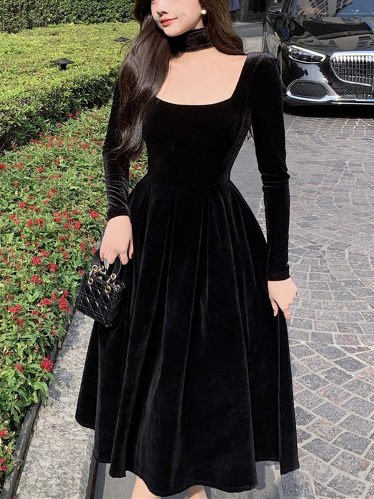 vmtvr Velvet Elegant Evening Party Midi Dresses Ladies Black France Vintage Dress Women New Winter Korean One-piece Dress Autumn