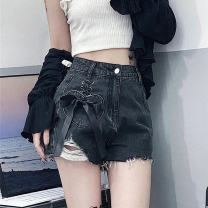 vmtvr High Waist Women Denim Shorts Summer Fashion Bow Loose Shorts Korean Casual Female Streetwear All Match Ripped Pants