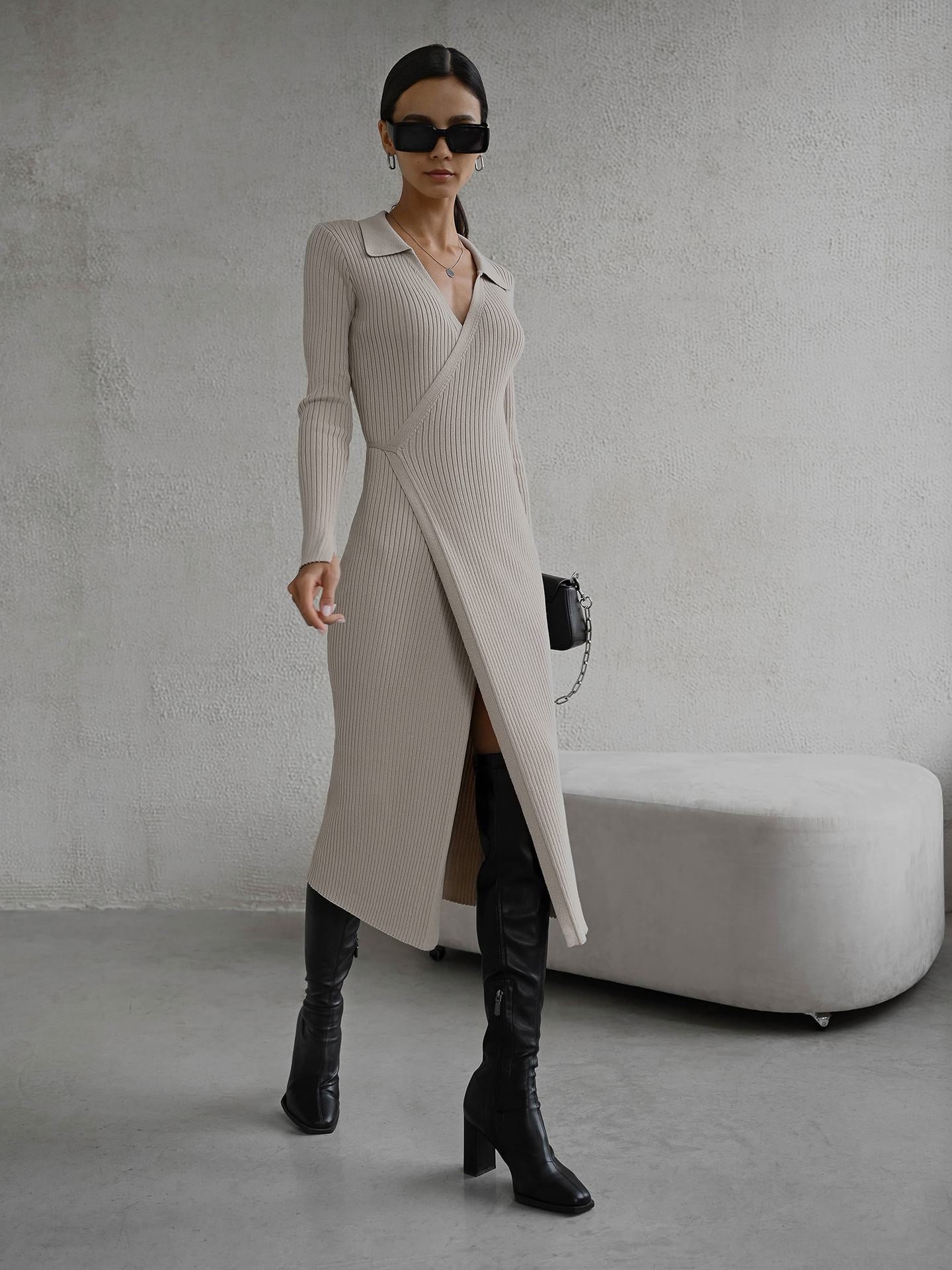 Women Knitted Dress Autumn Winter Green Casual Long Sleeve Midi Club Party Dresses Elegant Chic Polo Collar Bodycon Dress