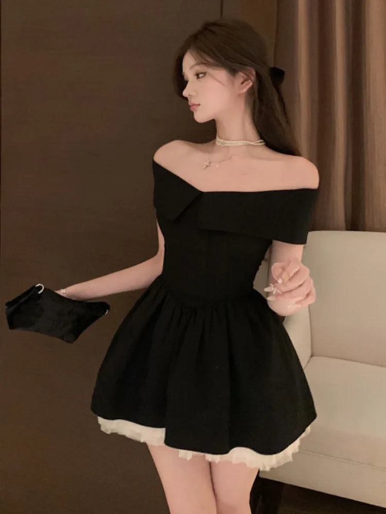 vmtvr  -  French Hepburn Elegant Lady Mini Evening Party Dress Mesh Stitching A Line Summer Dresses For Women Off Shoulder Slim Sexy Dress