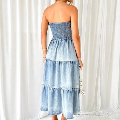 vmtvr  -  New Elegant Holiday Strapless Long Dress for Summer Vestidos Hem Stitching Side Split Fashion Women Denim Long Dress