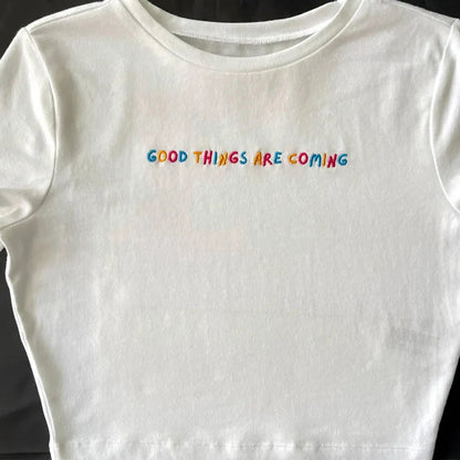 -Retro sports style outfit streetwear 90s fashion Good Things Are Coming Rainbow Letters Embroidered Printing Crop Tops Short Sleeve Slim Sexy Cotton Shirts Ins Fashion Y2K Tees