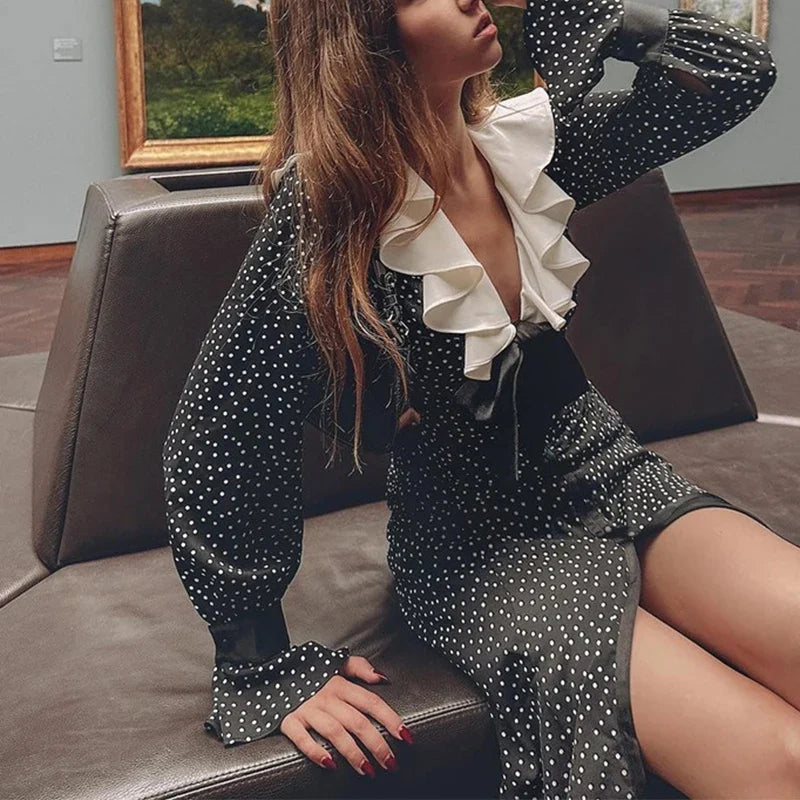 vmtvr  -  French Style Polka Dot Print Long Dress Women Spring V-neck Ruffle Bowknot Split Party Dress Fall Long Sleeve Button Shirt Dress