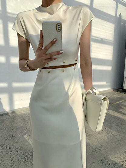 vmtvr - Elegant White Long Dress Female Round Neck Short Sleeve High Waist Cut Out Midi Dresses For Woman Clothing Fashion