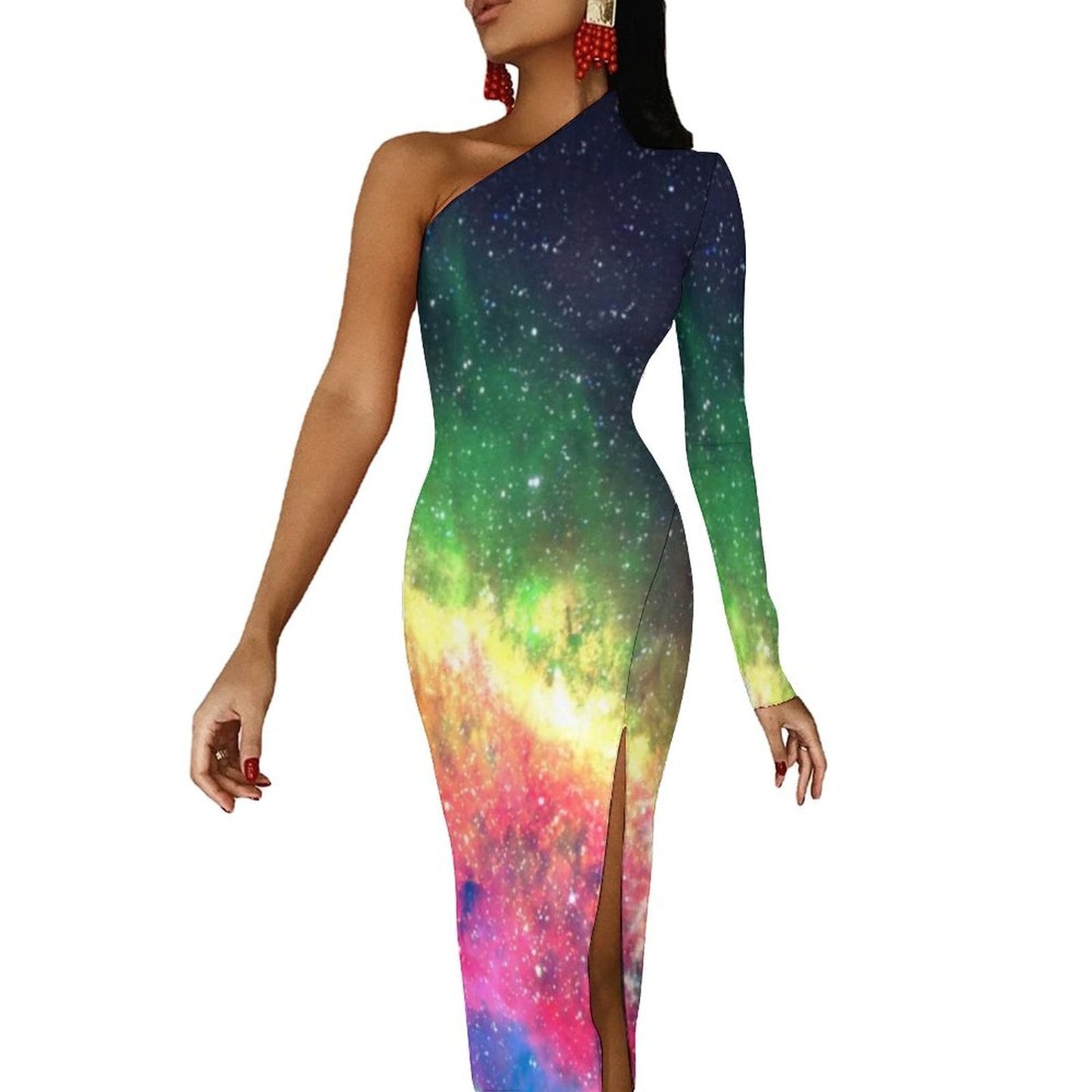 Rainbow Colors Maxi Dress Long Sleeve Colorful Aesthetic Cute Bodycon Dress High Slit Party Long Dresses Women Pattern Vestidos