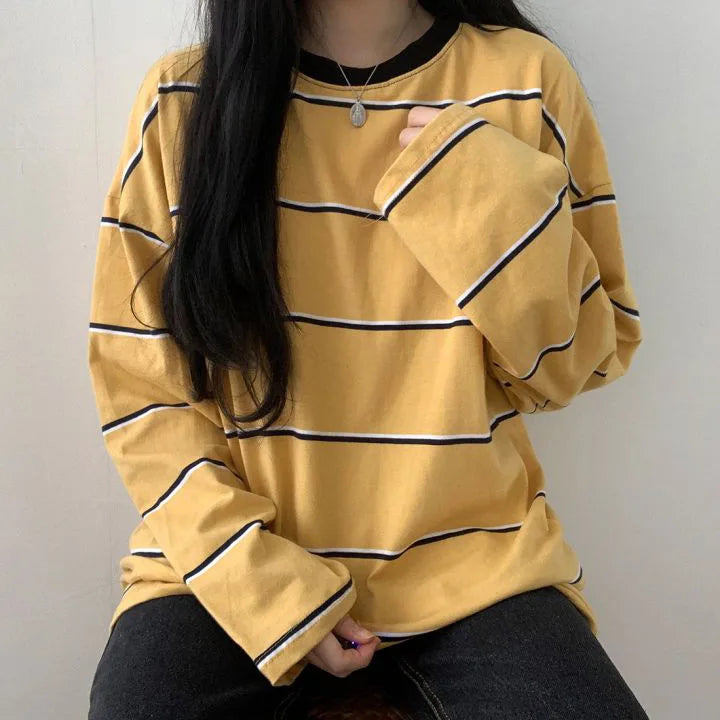 -Fall Outfits Long Sleeve Top -T-shirts Women Students Striped Chic Streetwear Harajuku All-match Prevalent Long Sleeve Teens Top Unisex Camisetas Tender Tees