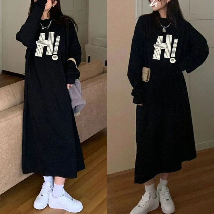 vmtvr Korean Fashion Autumn Winter Long Knee Length Dress Women's Round Neck Printed Letters Patchwork Loose Fleece Thick Warm Dresses