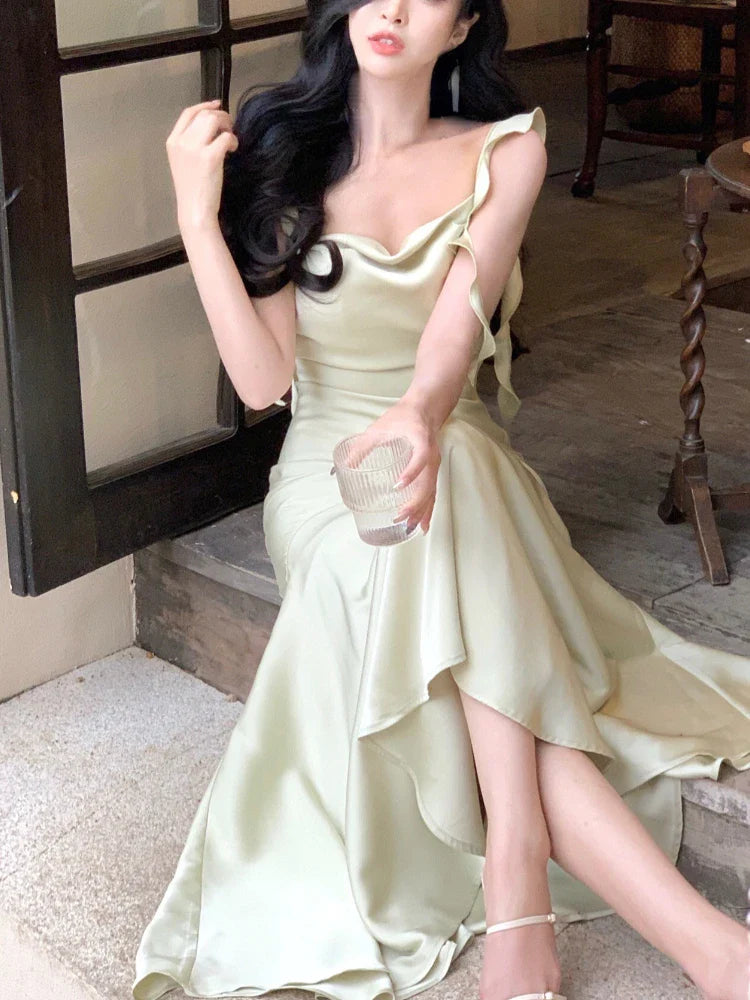vmtvr French Elegant Sleeveless Midi Dress Office Lady Summer Slim Bodycon Pure Color Dress Party Fashion Strap Dress Woman Chic