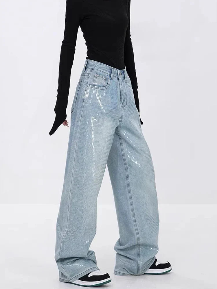 vmtvr Heavy Sequins Jeans for Women 2024 Summer New Fashion Retro High Waist Loose Casual Straight Denim Pants Wide Leg Pants