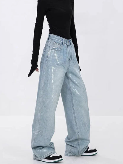 vmtvr Heavy Sequins Jeans for Women 2024 Summer New Fashion Retro High Waist Loose Casual Straight Denim Pants Wide Leg Pants