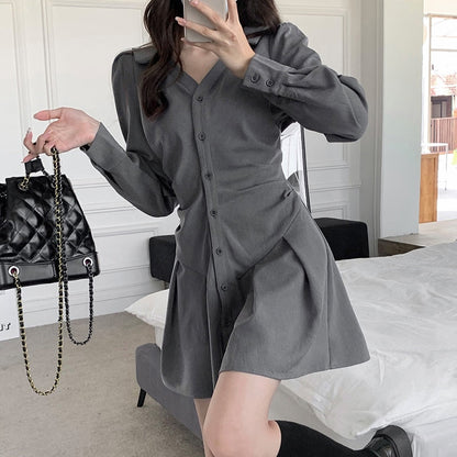 vmtvr - Chic Long Sleeve Single-breasted Women Shirt Dress 2023 Autumn V Neck Pleated Mini Dresses Korean Gray Slim High Waist Vestidos