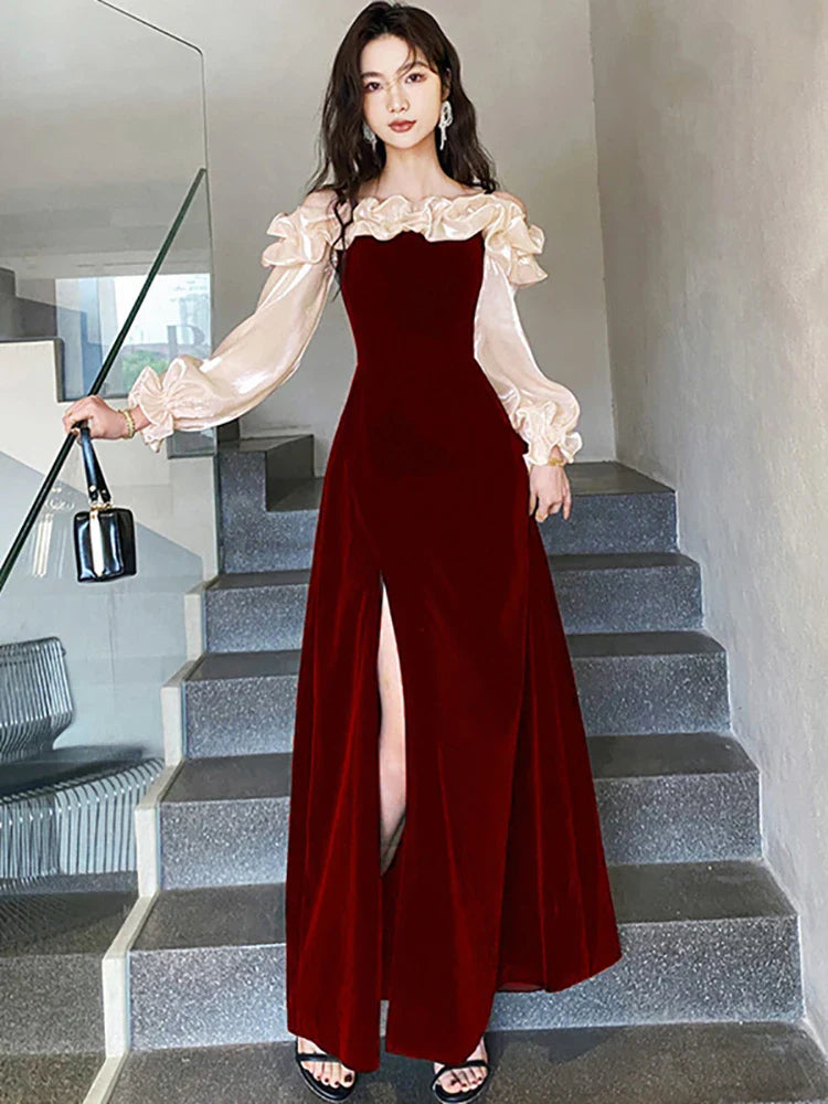 vmtvr  -  Women Red Velvet Luxury Dresses with Long Sleeves Autumn Winter Elegant Chic Wedding Dress Korean Vintage Festival Dresses