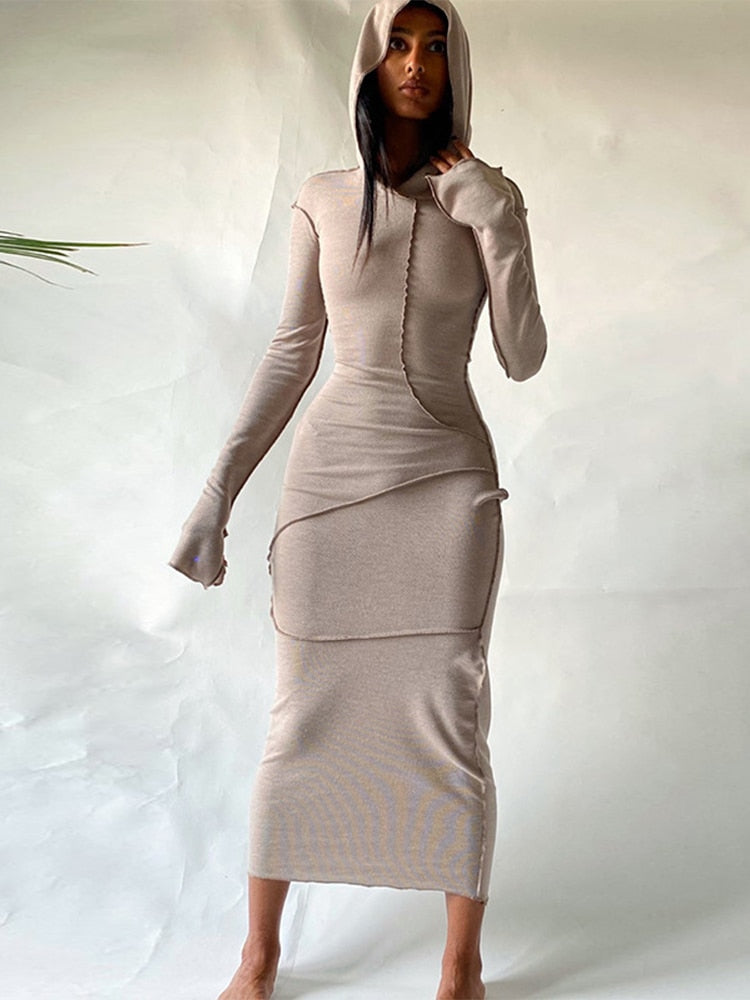 vmtvr - Long Sleeve Hooded Dress Maxi Women Vintage Ruffles Elegant Dresses Khaki Split Reverse Side