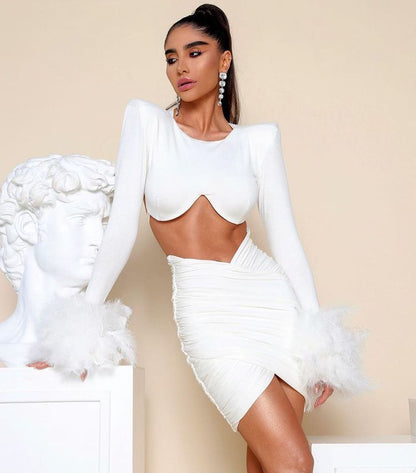 vmtvr - 2023 Fashion Feather Mesh  Bandage Womens Two Peice Sets Blazer Mujer Top Mini Dress Sexy Dresses