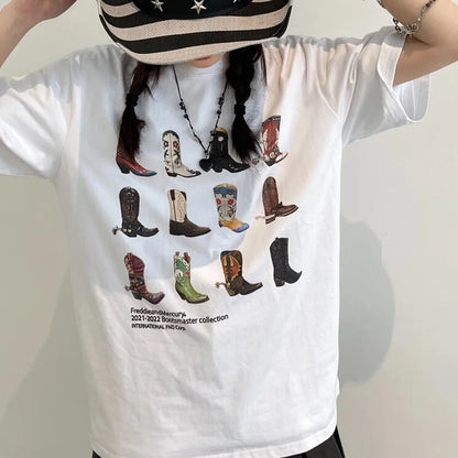 -Retro sports style outfit streetwear 90s fashion American Vintage Cowgirl Boots Printing Graphic Women T Shirts Short Sleeve Loose Cotton Boyfriend Tees 80s 90s Western Shirts