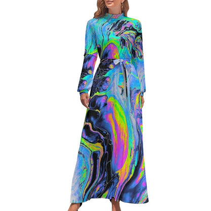 Marble Print Dress Watercolor Flow Abstract Aesthetic Bohemia Dresses Female Long Sleeve High Neck Sexy Long Maxi Dress