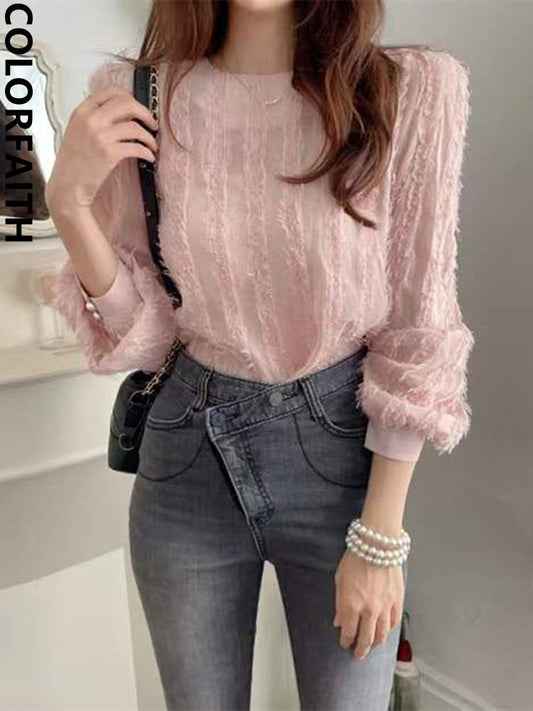 - New  Tassel Chic Vintage Korean Fashion Elegant Lady Women Spring Summer Blouses Shirts Wild Pink Tops BL2350