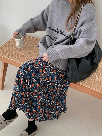 vmtvr 2000s Vintage Blue Flower Print Skirt for Women Summer New High Waist A-line Skirts Lazy All-match Mid-length Loose Faldas Mujer