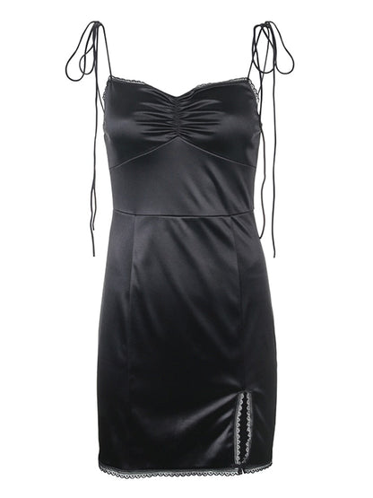 Strappy Satin Ruched Black Dress Mini Lace Spliced Side Split Sexy Dress Female Sundress Backless Ladies Dresses