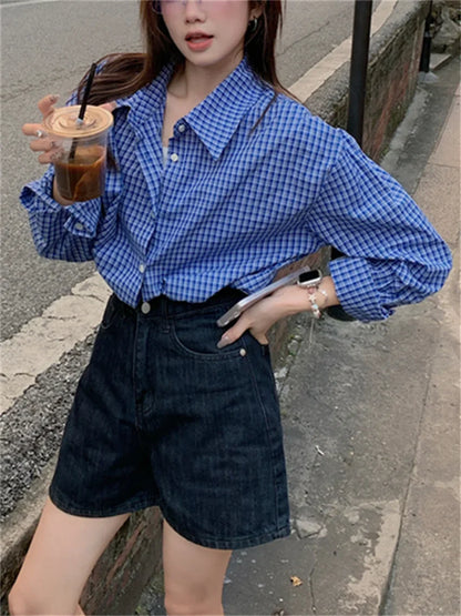 vmtvr 2024 Blue Shirts Plaid Chic Women Fashion Slim New Autumn Loose Full Sleeve Casual All Match High Street Work Wear
