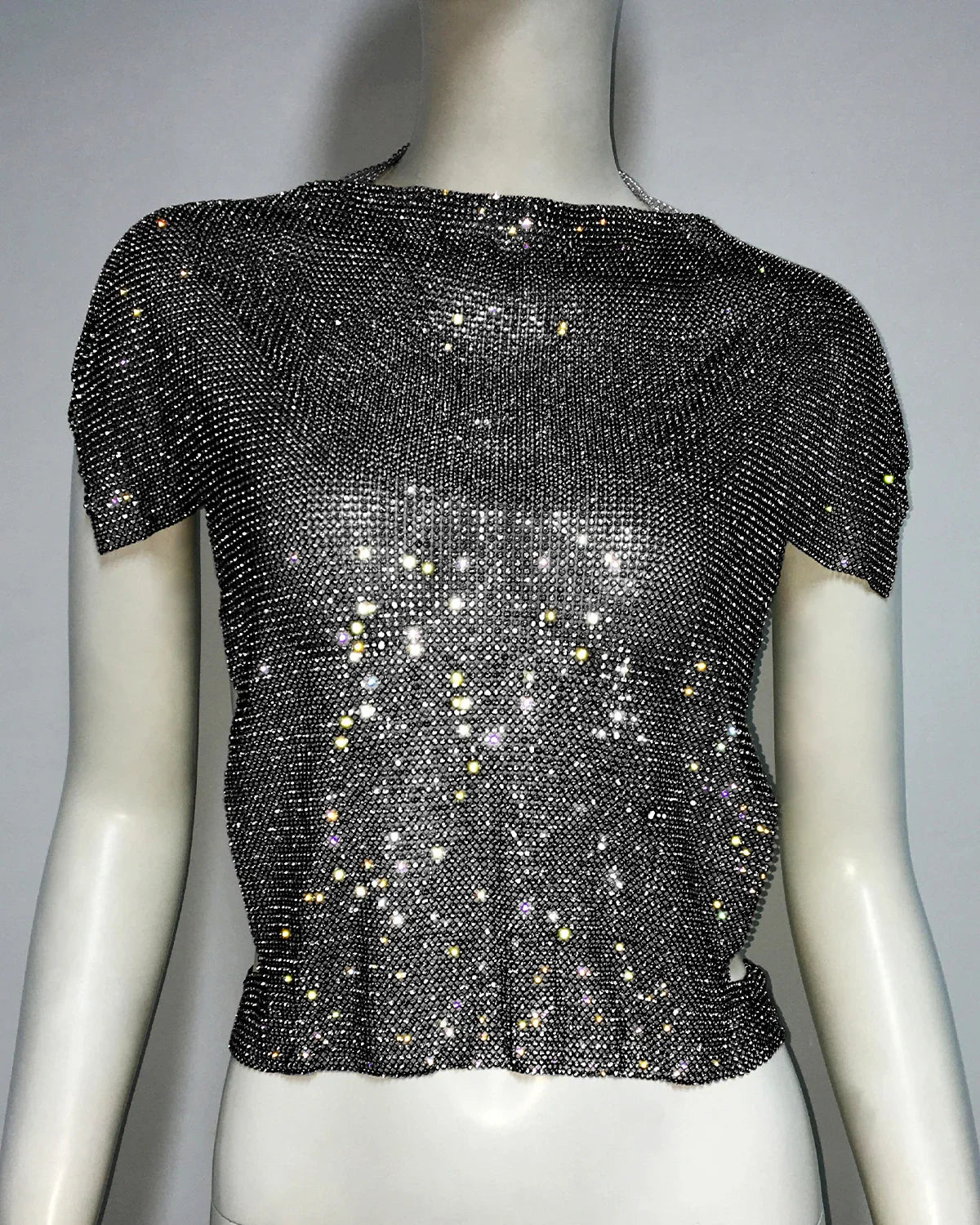 vmtvr Shiny Rhinestone Tshirts For Women 2024 Summer New See Through Short Shirts Ladies Party Sexy Fashion Crop Tops Woman