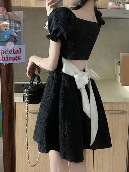 vmtvr Sexy Backless Bow Dress Women Sweet Slim Puff Sleeve A Line Dress Summer High Waist Hollow Out Female Fashion Vestidos