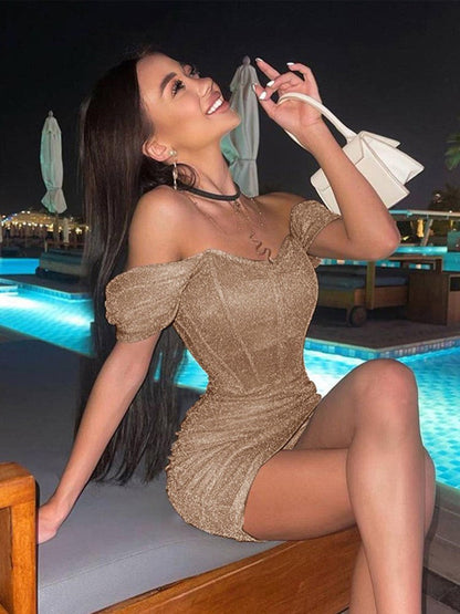 Women's Sexy Off Shoulder Tight Wrap Mini Dress Fashion Off Shoulder Pleated Hem Bodycon Dresses  Female Party Club Dress