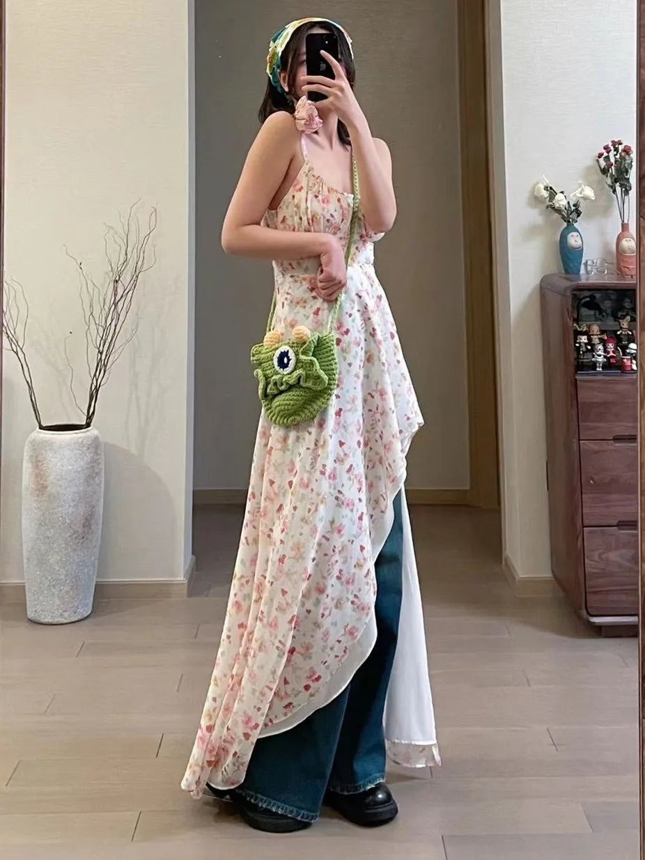 vmtvr  -  New Irregular Floral Long Dress Women Boho Beach Holiday Spaghetti Strap Dress Summer Robe