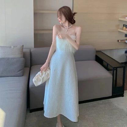 vmtvr  -  Elegant French Retro Tube Top One-shoulder White Dress Female Summer Pearl Suspender Mid-length Skirt Autumn Winter Inner Wear