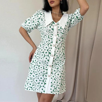 Shdowlass  -  Fashion Doll Collar Short Sleeve Party Dress Women Elegant Pattern Print Hight Waist Mini Dress 2024 Summer Casual A-Line Dress