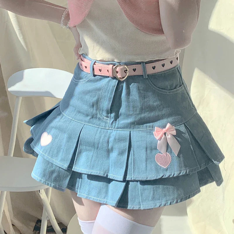 vmtvr Y2K Love Embroidery Jeans Skirts Women Fashion Streetwear Mini Skirts Summer All Match Female High Waist Pleated Skirts