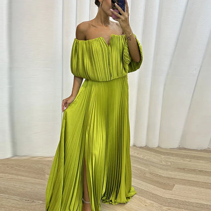 vmtvr Spring Strapless Folds Pleated Long Maxi Dress Women Off Shoulder High Waist Split Party Dress Summer Backless Hollow Boho Dress