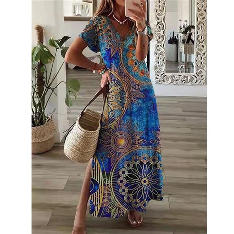 vmtvr Vintage Print Maxi Dress Women  Summer Elegant V Neck Short Sleeve Loose Split Casual Dress Female Party Boho Beach Vestidos