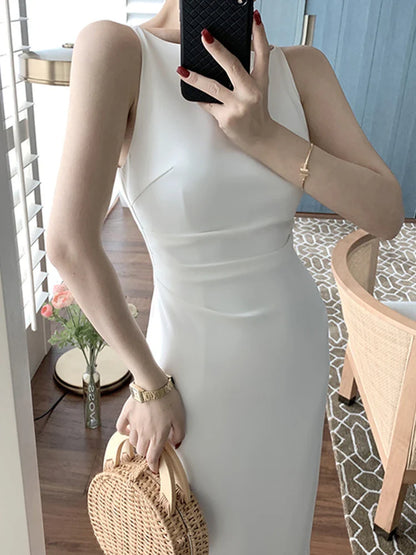 vmtvr New Women Summer Fashion Spaghetti Strap Sleeveless Sexy Dress Female Elegant Evening Midi Dress White Dress Streetwear