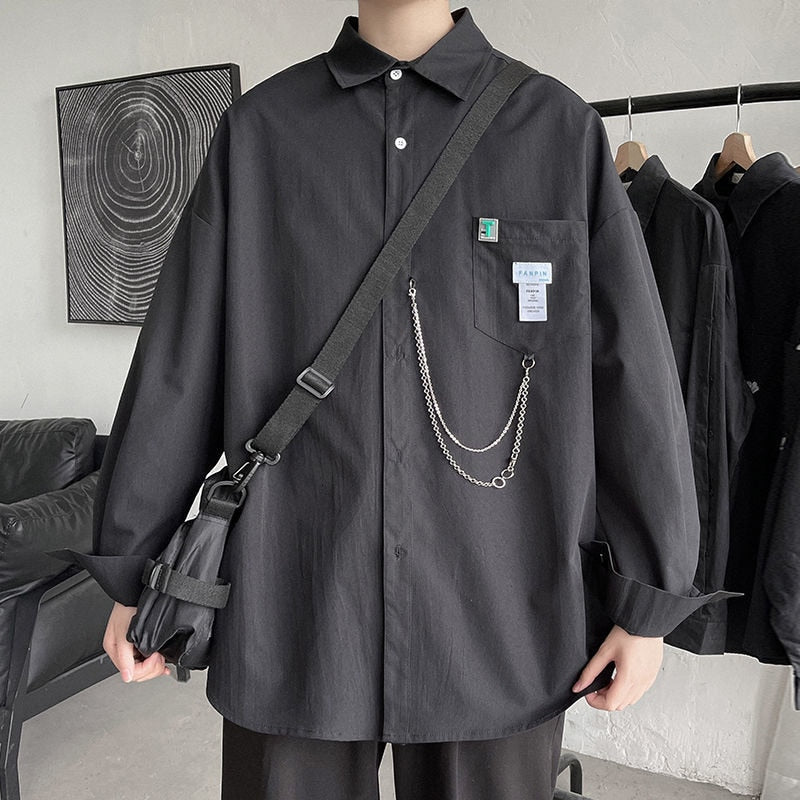 - Emo Men's Fashion Alt Oversized Shirt For Men Streetwear Black Harajuku Chain Gothic Shirts Korean Clothing Fairy Grunge Clothes