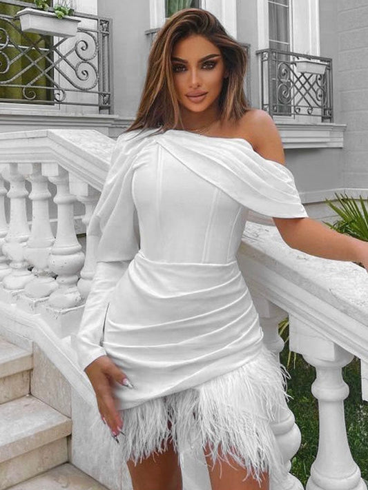 Satin One Shoulder Elegant Mini Party Feathers Dress Women Elegant White Pleated Long Sleeve Cocktail Bodycon Dresses Vestidos