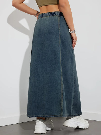 vmtvr Chic High Waist Ladies Long Pockets Lace Up Jeans Skirts 2024 Summer Autumn Women Denim Midi A-Line Maxi Skirts