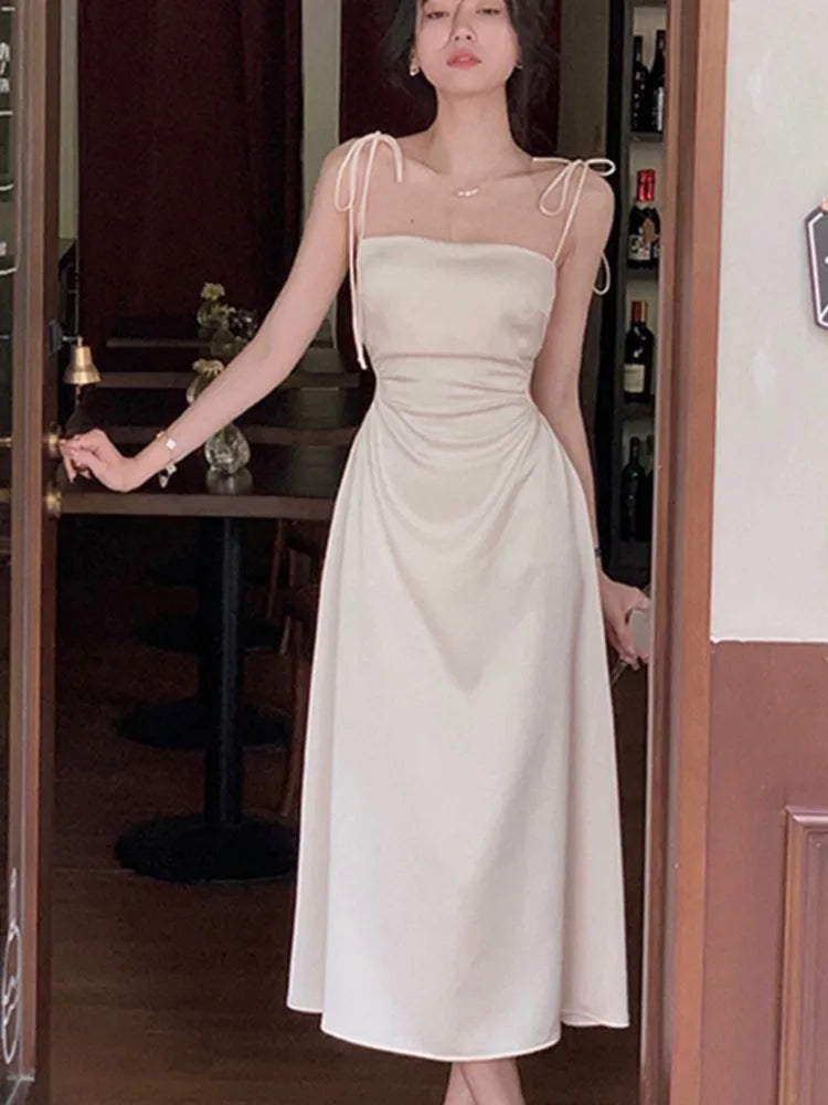 vmtvr Sexy Satin Midi Dress Women Spaghetti Strap Backless Summer Holiday Slim Vintage Wedding Prom Robe One Piece Vestidos Mujer New