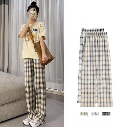 vmtvr Koreon Harajuku Casual Women Plaid Pants Spring Summer Thin Elastic High Waist Streetwear Fashion Loose Sports Straight Trousers