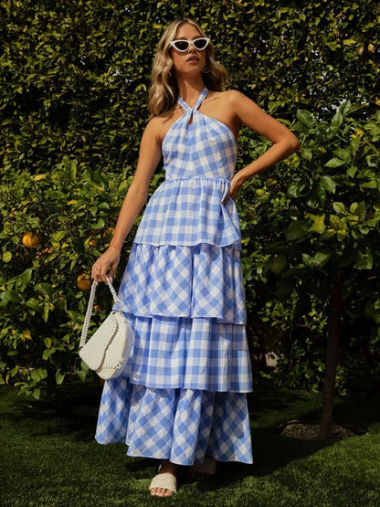 vmtvr  -   Tierred Maxi Summer Women's Dress Sexy Halter Sleeveless Blue Beach Sundress Plaid Printed Holiday Long Dress Robe Femme