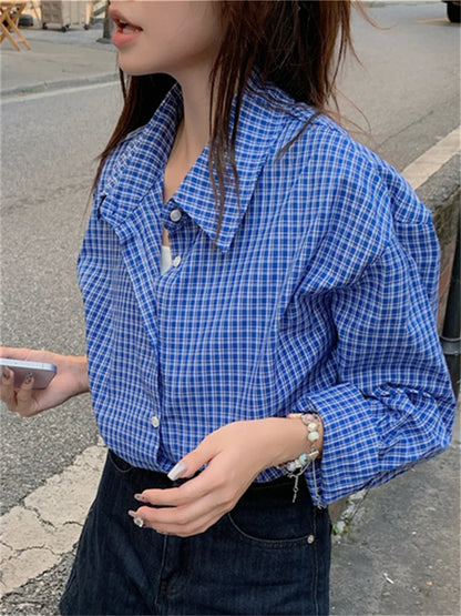 vmtvr 2024 Blue Shirts Plaid Chic Women Fashion Slim New Autumn Loose Full Sleeve Casual All Match High Street Work Wear