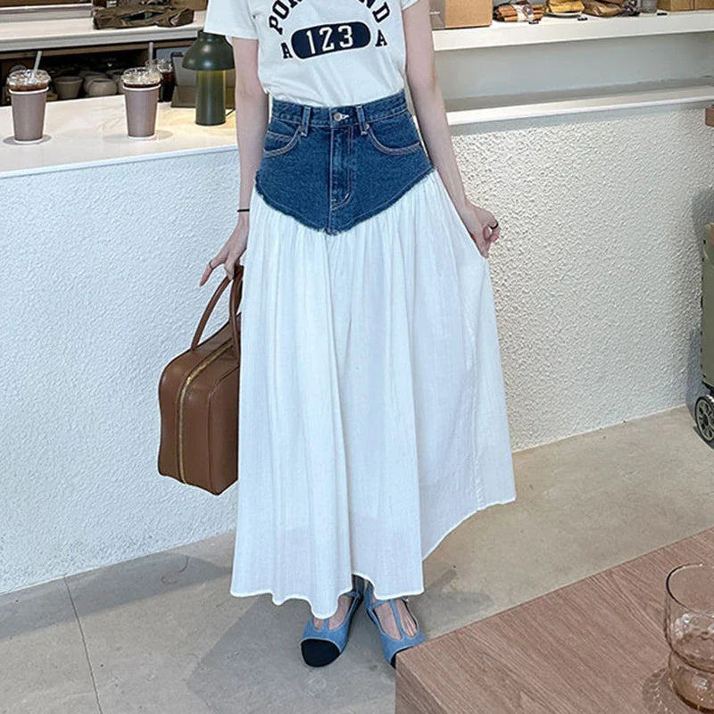 vmtvr Vintage High Waist Ladies Pockets White Long Patchwork A-line Jeans Skirts 2024 Summer Autumn Women Denim Midi Skirts