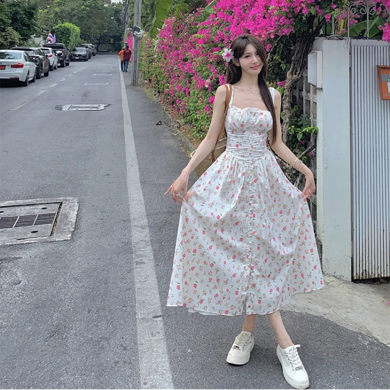 vmtvr  -  Elegant Beach Party White Midi Dresses for Women Summer New Korean Fashion Casual Sleeveless Slim Flower Female Clothing