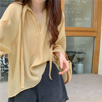 -Fall Outfits Long Sleeve Top Korean Fashion Micro Through Chiffon Shirts Women Spring Summer New Loose Ribbon Stand Collar Long Sleeve Blouses Tops Mujer