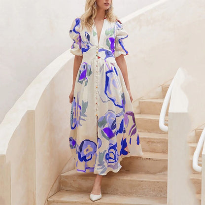 vmtvr - Dresses For Women  Summer Sexy Print Long Maxi Dress Ladies Elegant Button Up Boho Floral Ruffles Pink Robe Vestidos